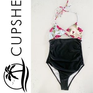 Cupshe Monokini One piece Swimsuit Floral Twist Top Black Bottom Size Small NWT